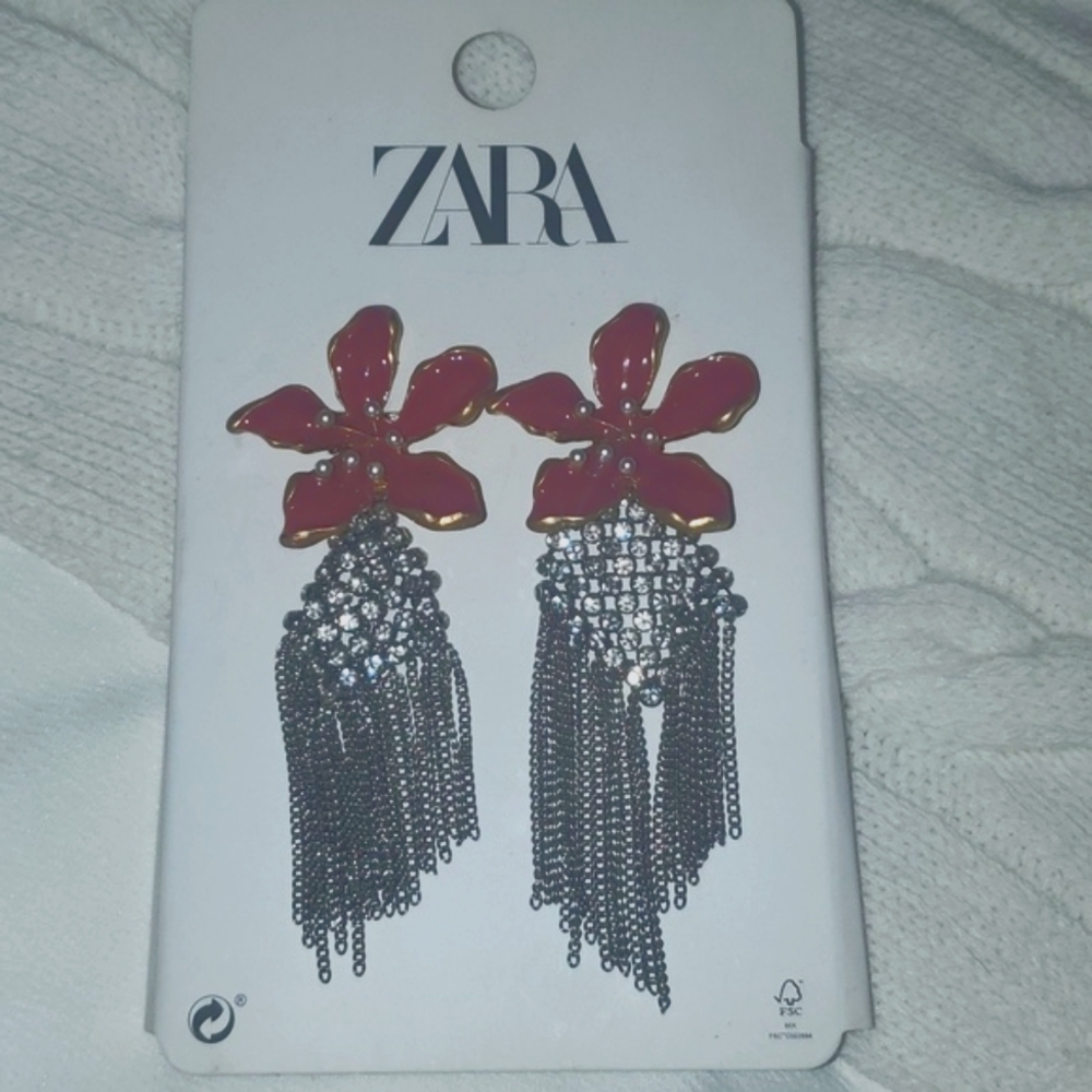Zara Floral Earrings with Rhinestones and Metal Fringe
